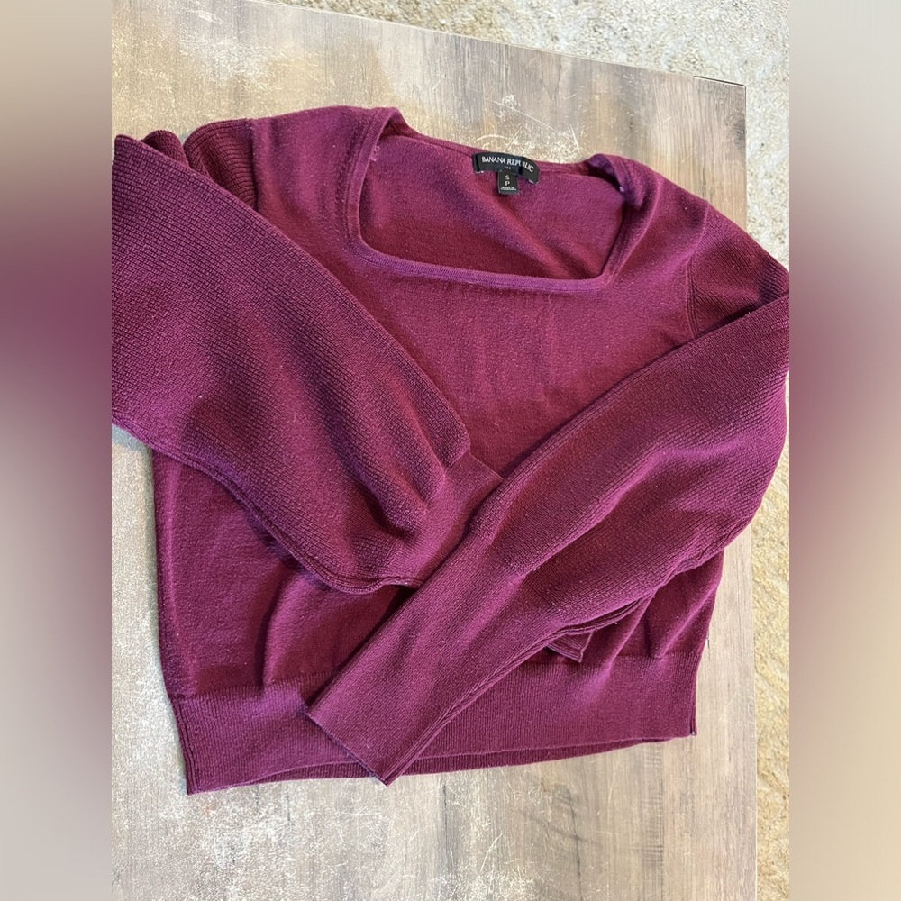 Banana Republic Long Puff Sleeve Burgundy Square Neck Crop Sweater Small - Picture 3 of 9